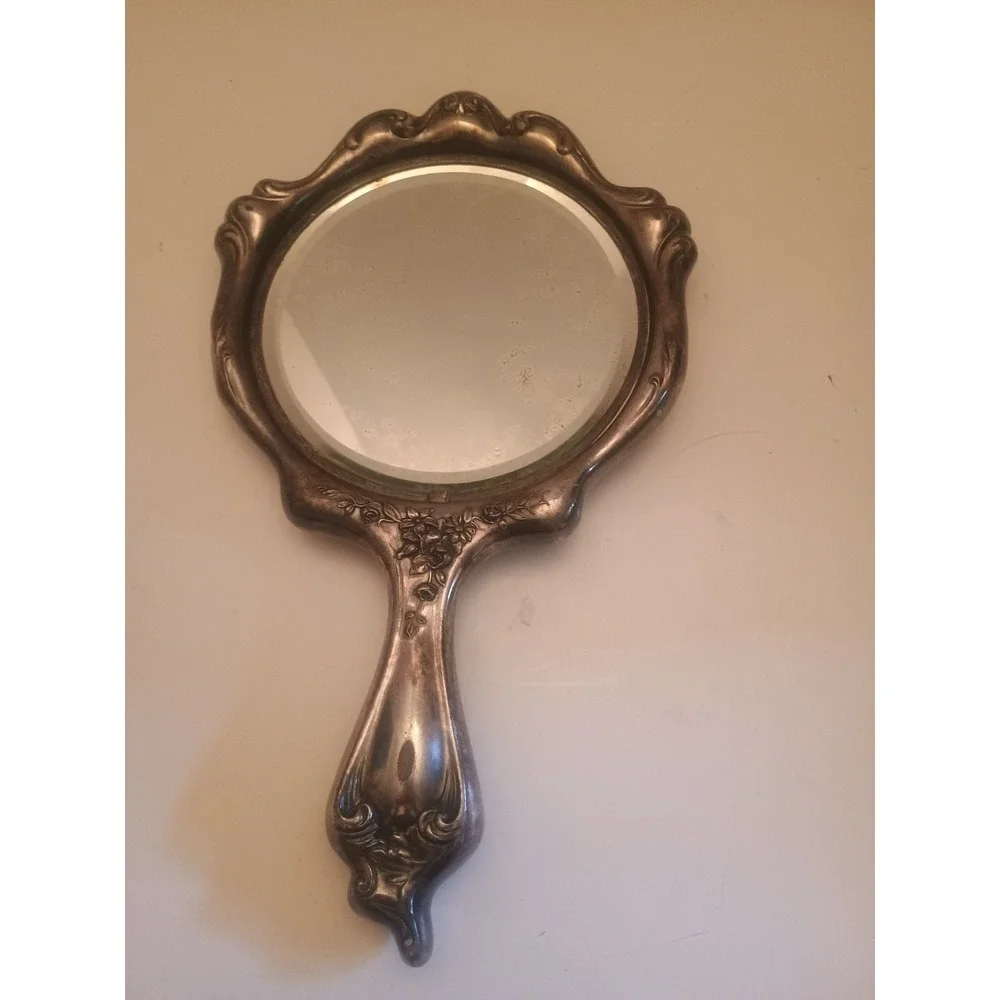 Antique 1900s Silver Plated Hand Mirror W Cherub and Floral Motif Heavy